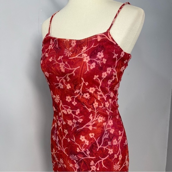 Vintage Y2K Spaghetti Strap Dress Beach Resort Asymmetric Red Ditsy Floral Midi - Picture 4 of 14